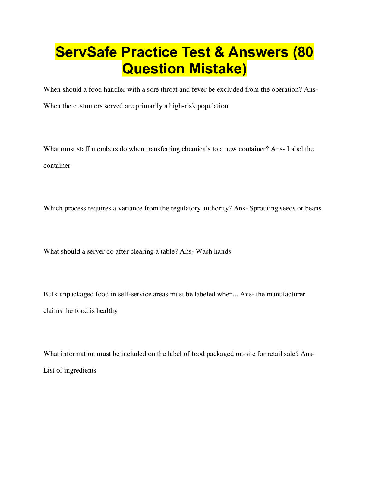 Preview image for ServSafe Practice Test & Answers (80  Question Mistake)